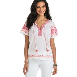 NWT Vineyard Vines Blouse Large Pink White Boho Tassel Top Cotton Lightweight